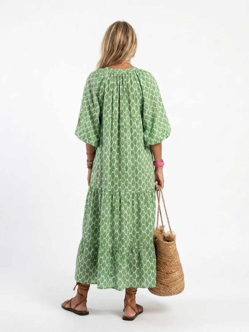 Apolline | Three Quarter Sleeve V Neck Patterned Midi Dress - Image 3