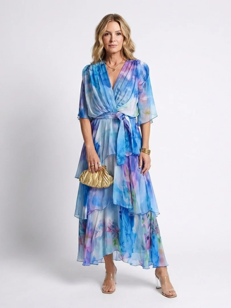 Calista | Sheer Layered V Neck Tie Waist Maxi Dress