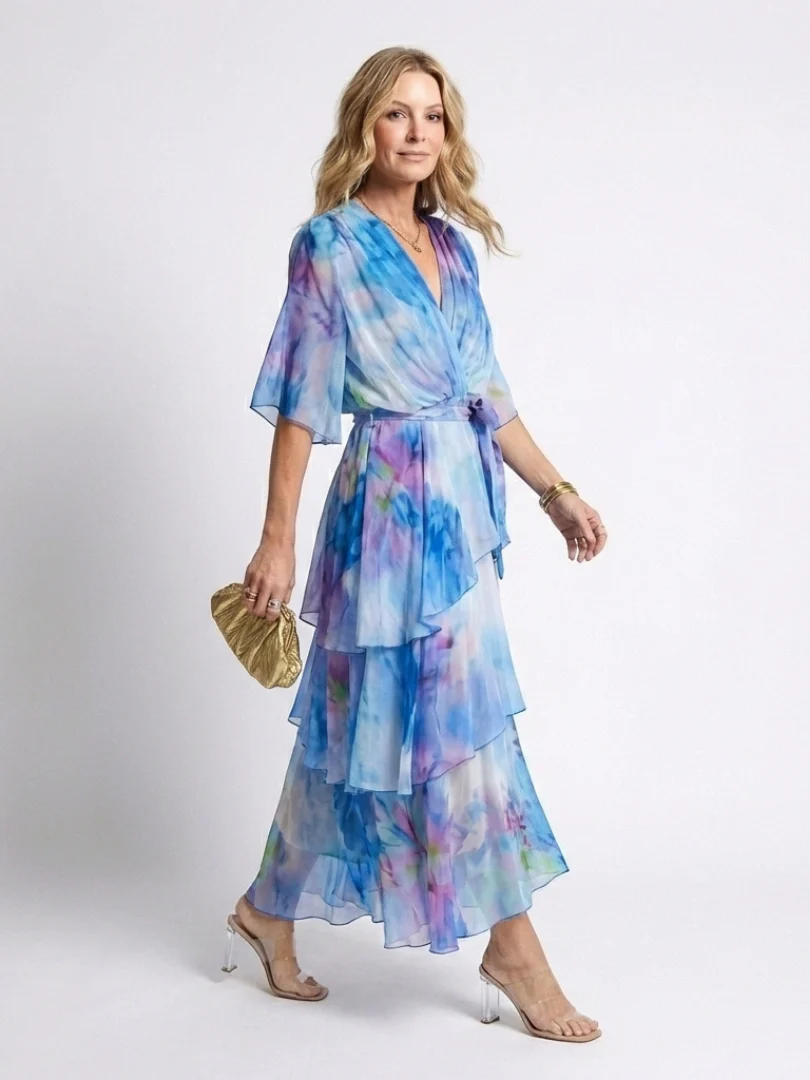 Calista | Sheer Layered V Neck Tie Waist Maxi Dress - Image 2