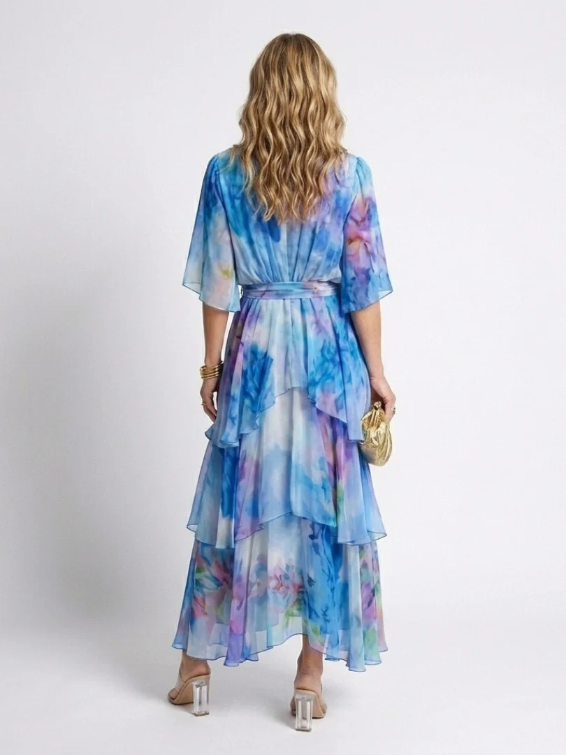 Calista | Sheer Layered V Neck Tie Waist Maxi Dress - Image 3