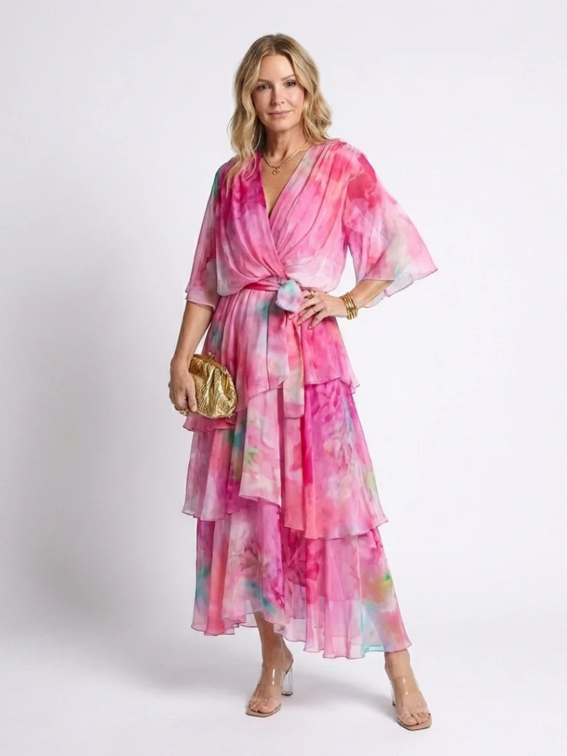 Calista | Sheer Layered V Neck Tie Waist Maxi Dress - Image 5