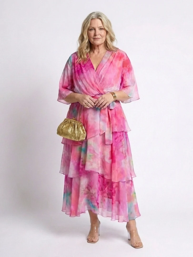 Calista | Sheer Layered V Neck Tie Waist Maxi Dress - Image 6
