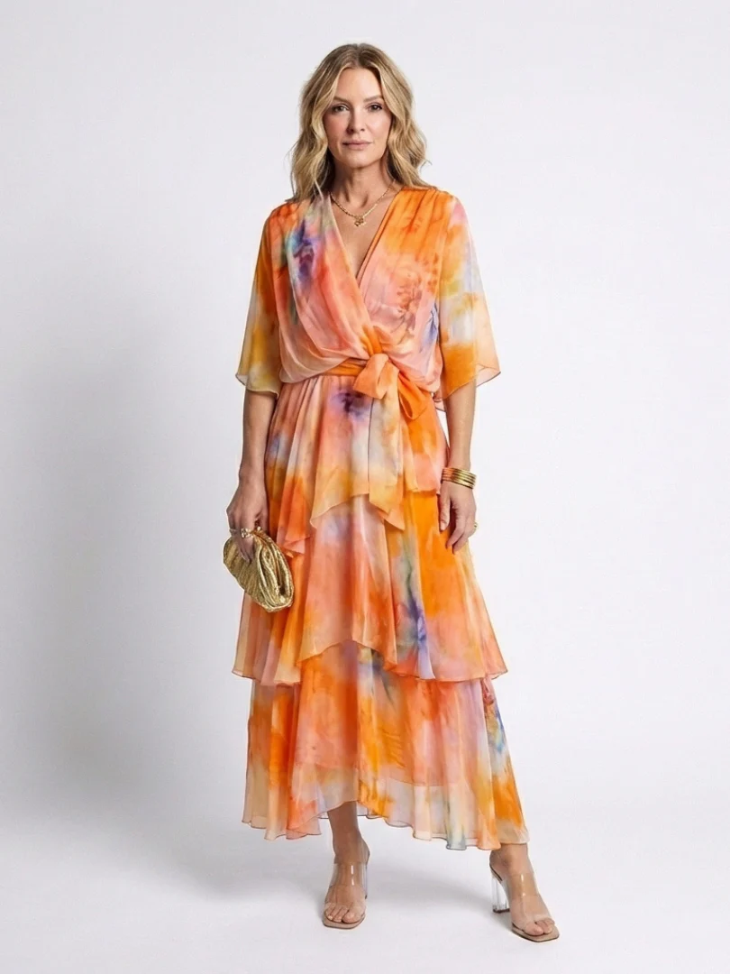 Calista | Sheer Layered V Neck Tie Waist Maxi Dress - Image 7