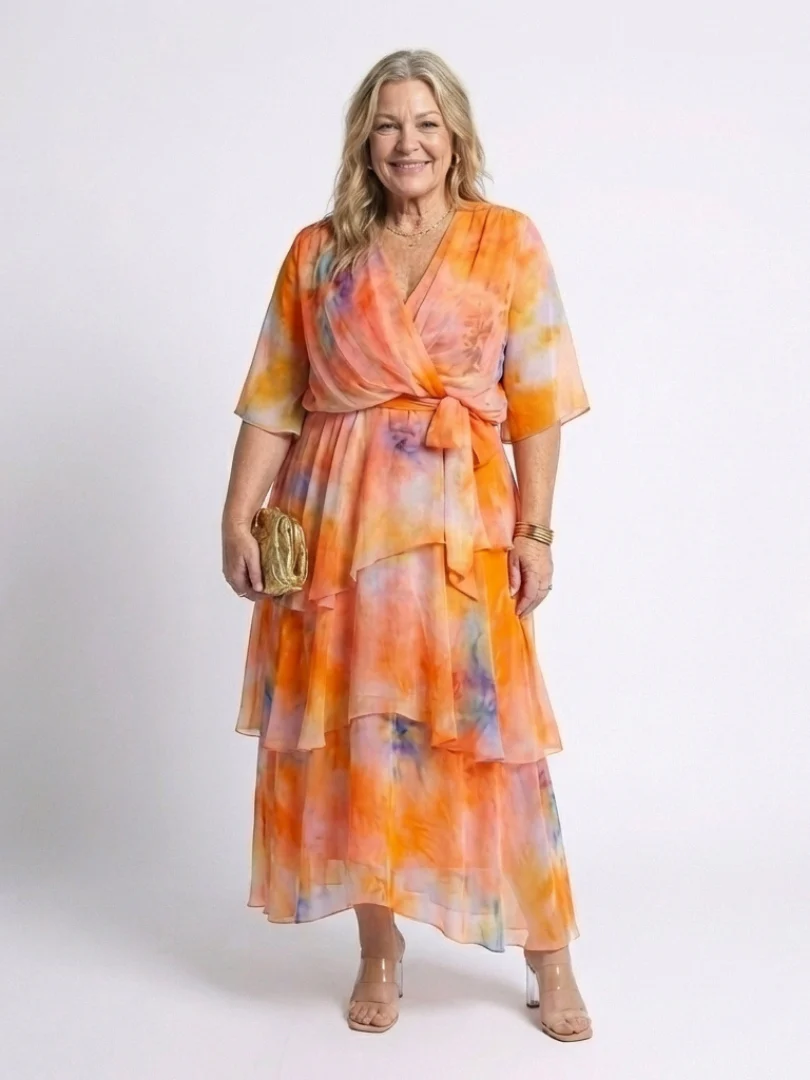 Calista | Sheer Layered V Neck Tie Waist Maxi Dress - Image 8