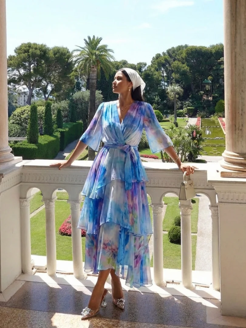 Calista | Sheer Layered V Neck Tie Waist Maxi Dress - Image 9