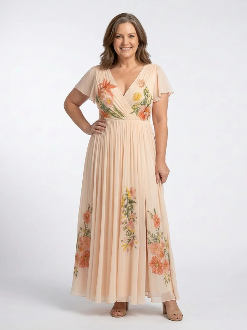 Calista | V Neck Short Sleeve Pleated Floral Maxi Dress - Image 3
