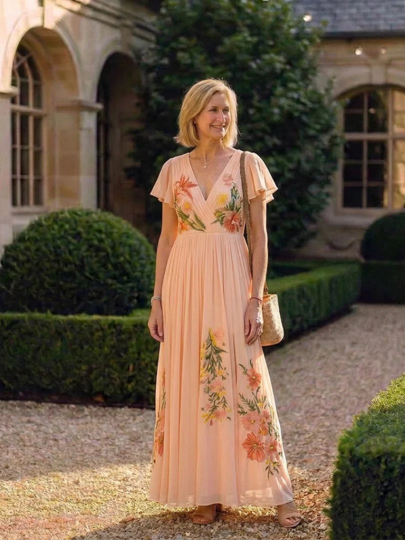 Calista | V Neck Short Sleeve Pleated Floral Maxi Dress - Image 4