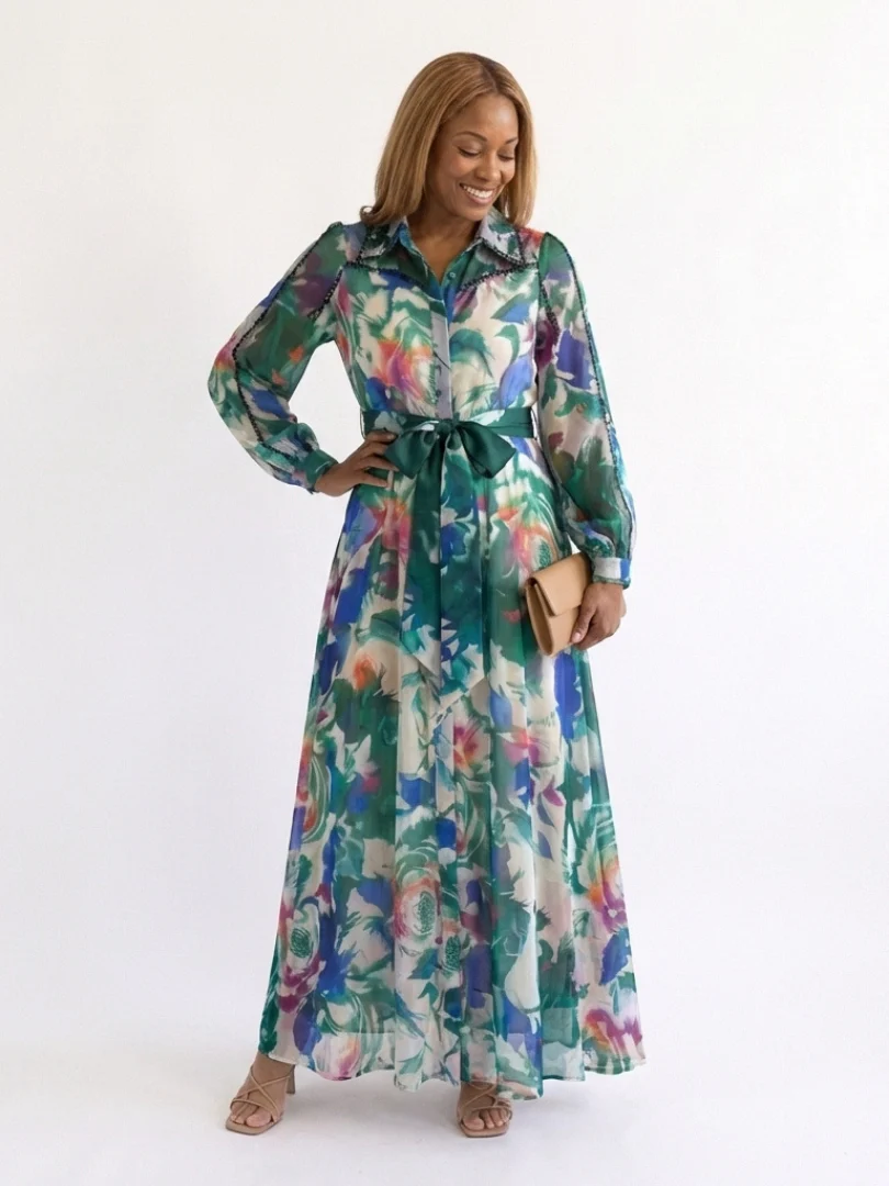 Carolina | Long Sleeve Printed Belted Maxi Dress - Image 5