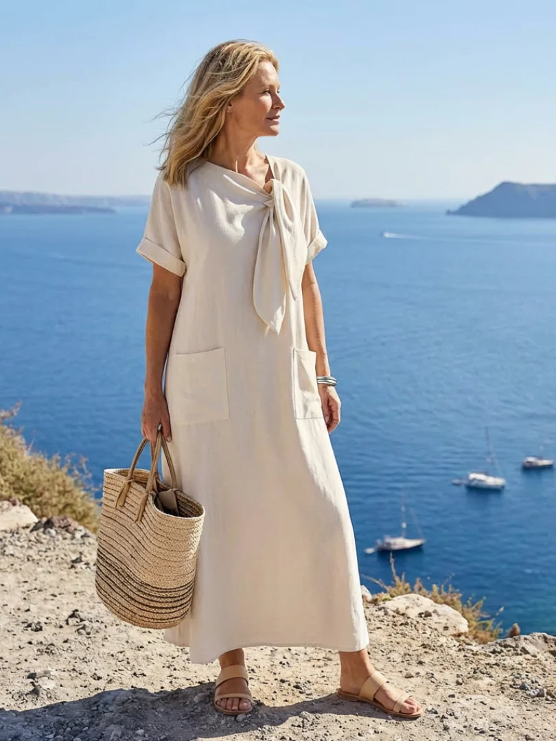 Elowyn | Round Neck Short Sleeve Pocket Maxi Dress - Image 3