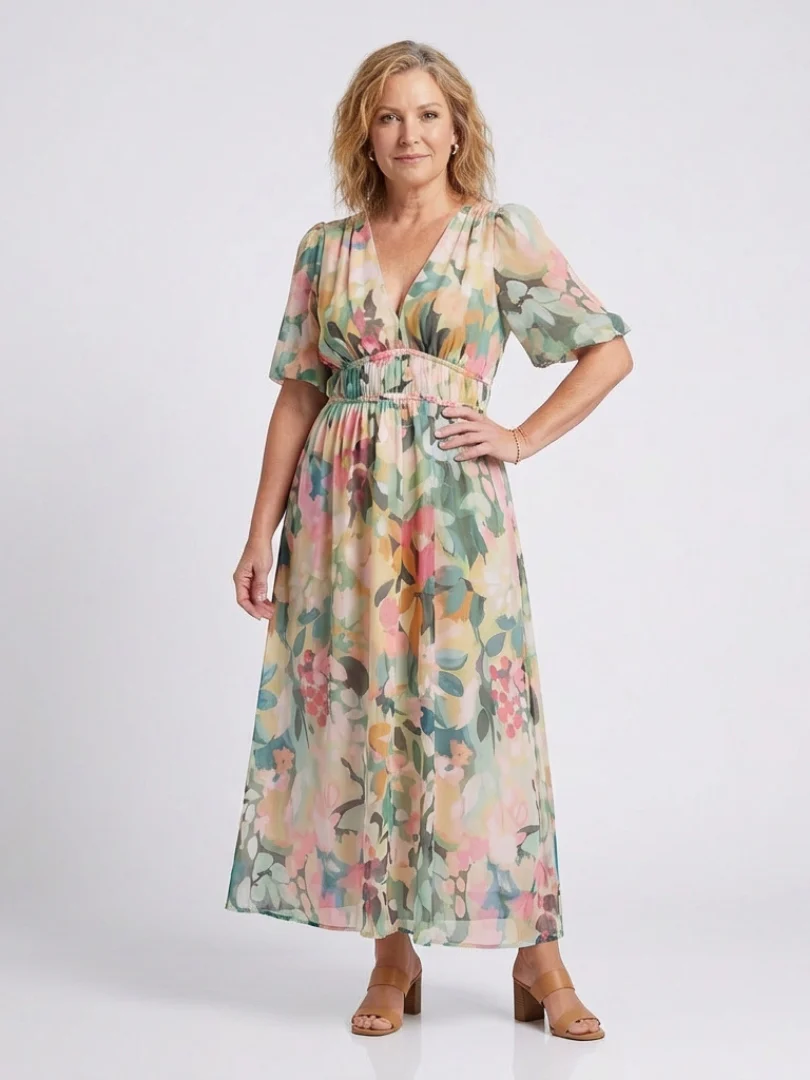 Eulalie | V Neck Short Sleeve Gathered Waist Midi Dress - Image 3