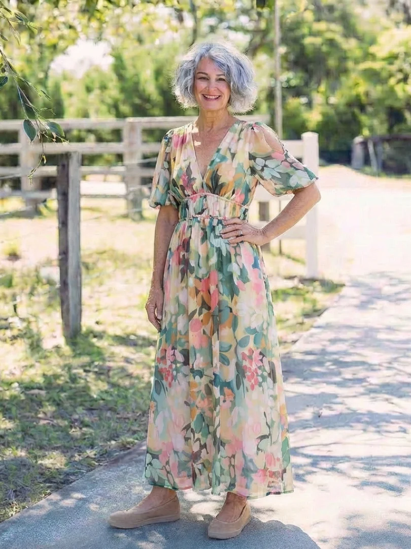 Eulalie | V Neck Short Sleeve Gathered Waist Midi Dress - Image 5