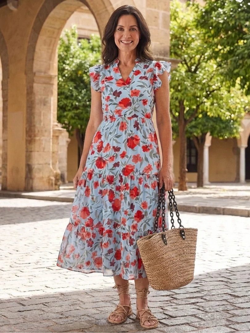 Lila | Floral V-Neck Tiered Midi Dress - Image 10