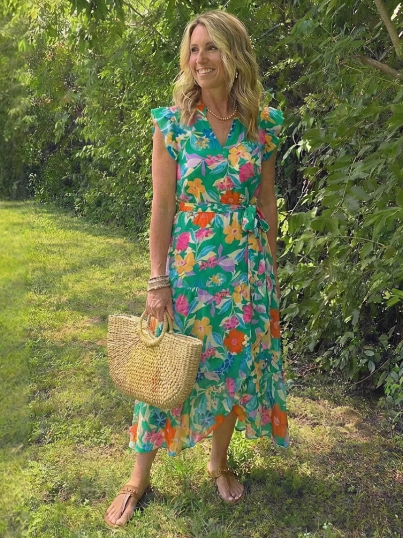 Lila | Floral V-Neck Tiered Midi Dress - Image 11