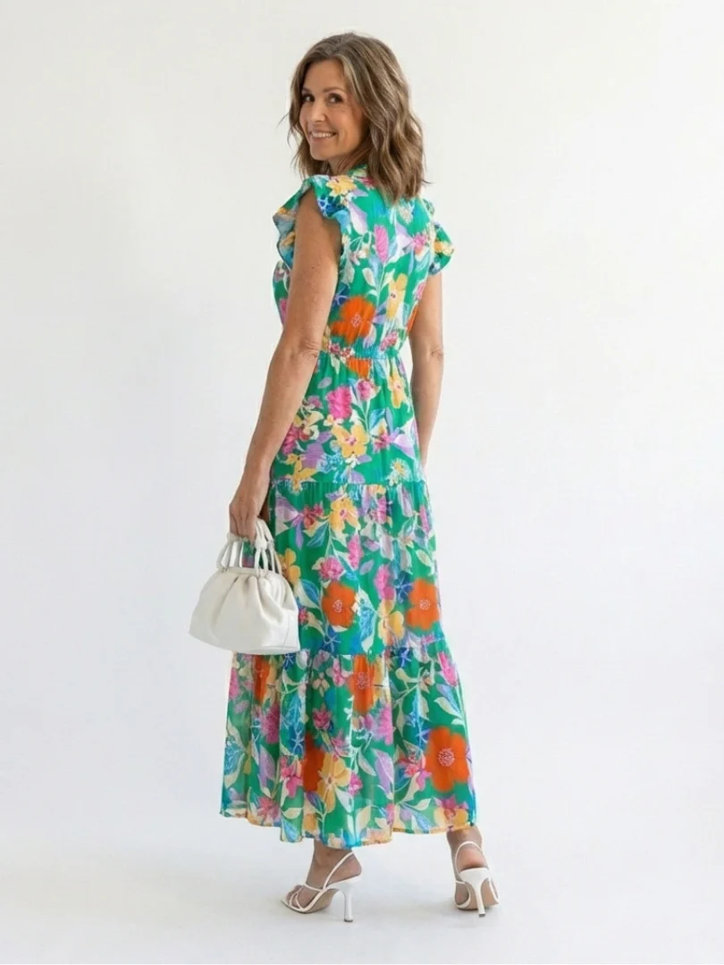Lila | Floral V-Neck Tiered Midi Dress - Image 3
