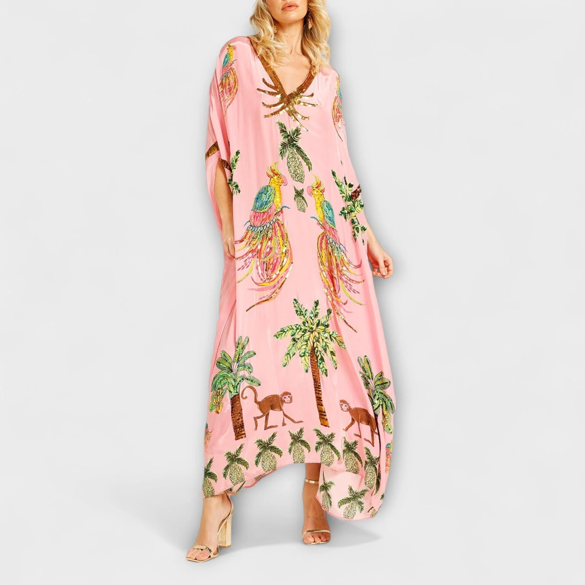 Linda - Eye-catching Dress with Asymmetrical Shoulders and Coconut Tree Print - Image 2