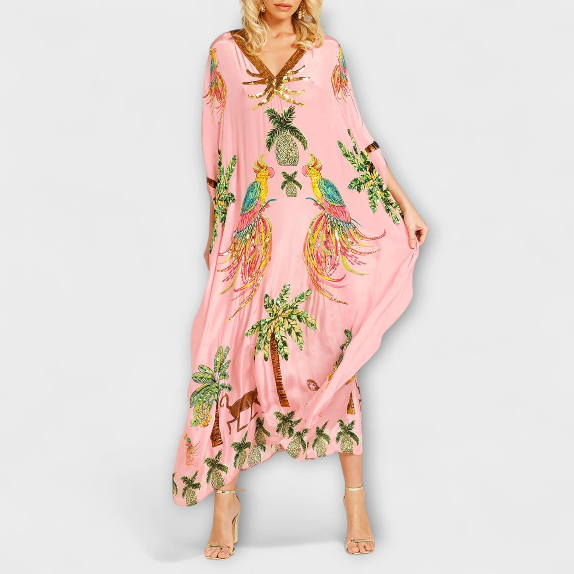 Linda - Eye-catching Dress with Asymmetrical Shoulders and Coconut Tree Print - Image 3