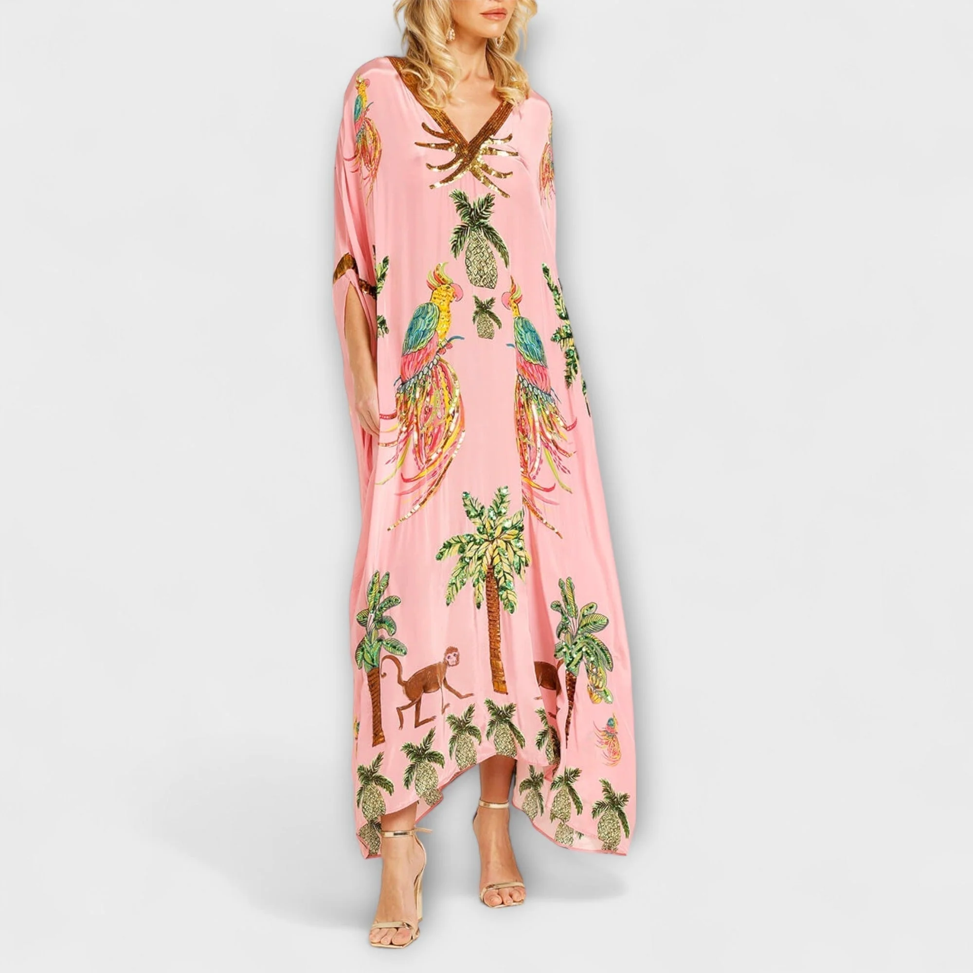 Linda - Eye-catching Dress with Asymmetrical Shoulders and Coconut Tree Print - Image 4