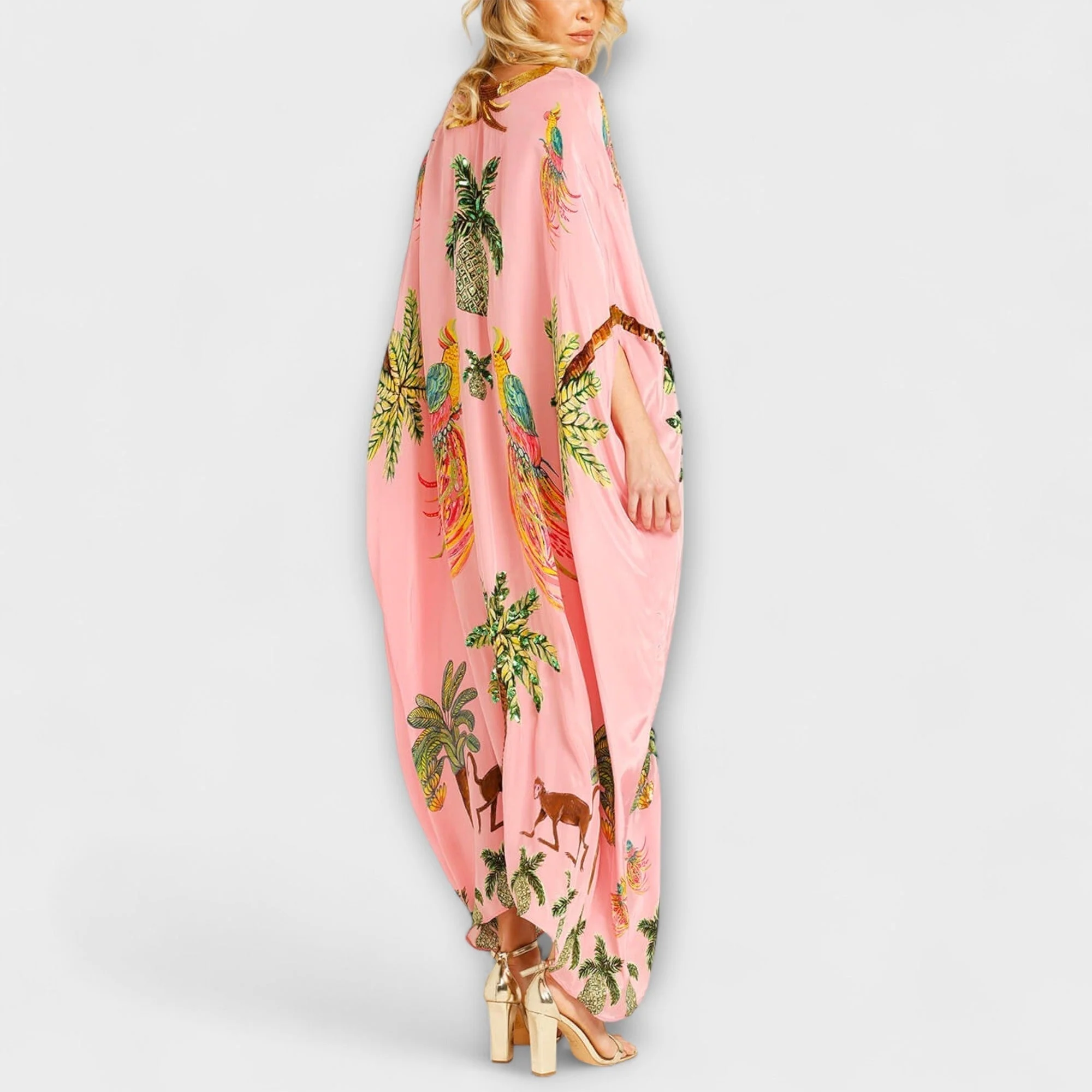 Linda - Eye-catching Dress with Asymmetrical Shoulders and Coconut Tree Print - Image 5