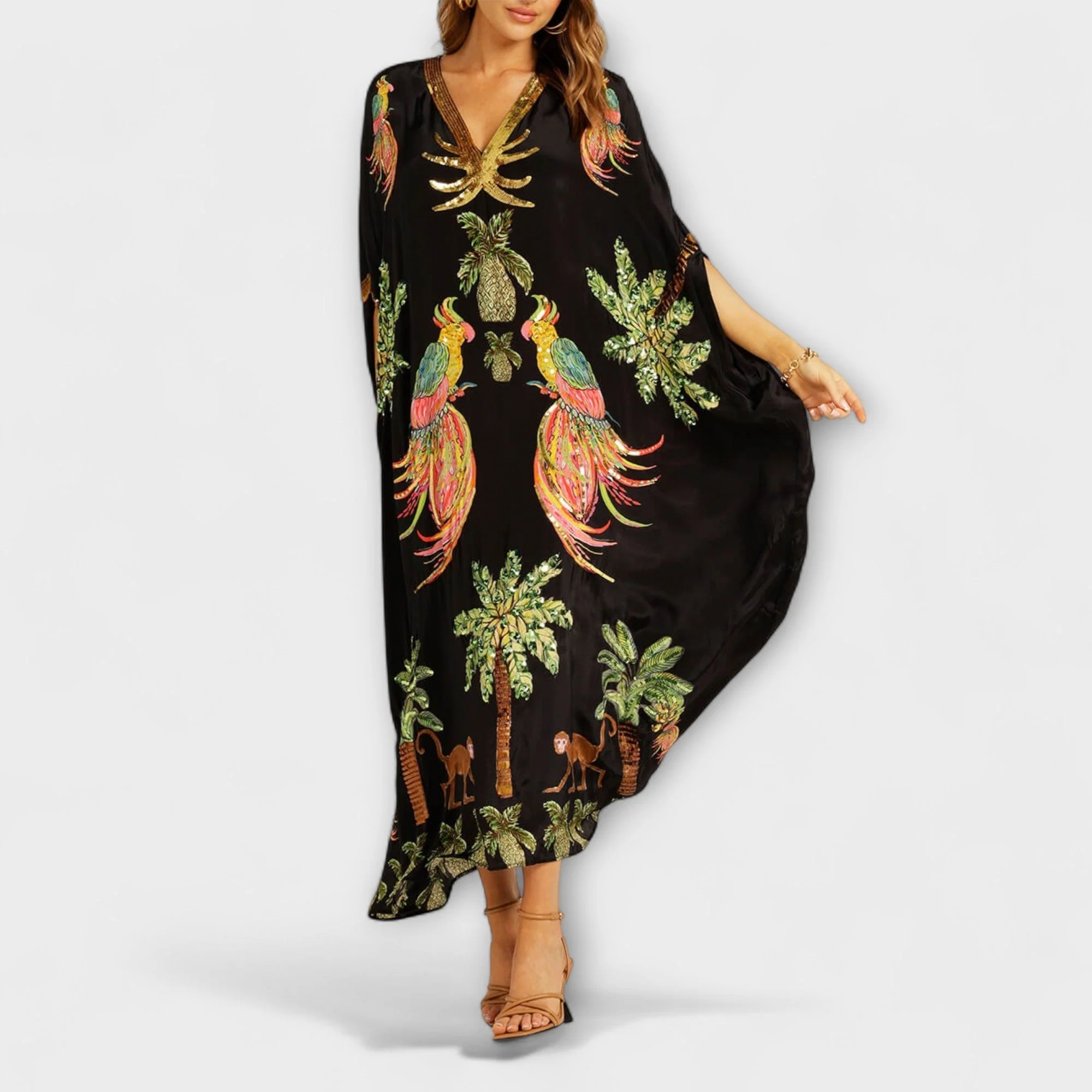 Linda - Eye-catching Dress with Asymmetrical Shoulders and Coconut Tree Print - Image 7