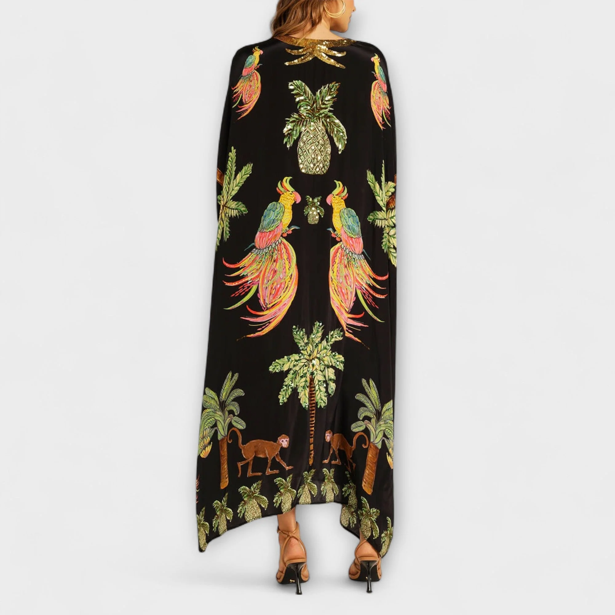 Linda - Eye-catching Dress with Asymmetrical Shoulders and Coconut Tree Print - Image 9