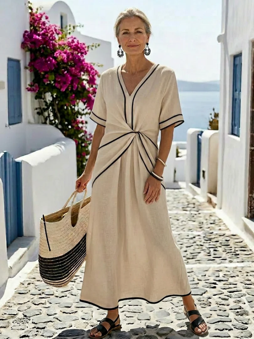 Linnea | V Neck Short Sleeve Gathered Waist Midi Dress - Image 4