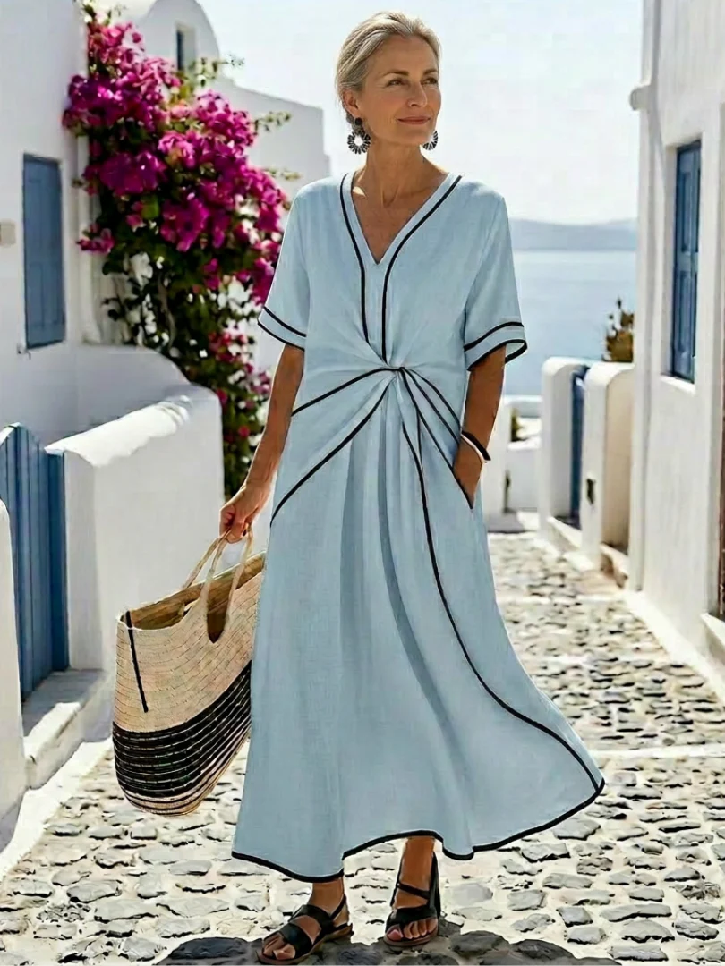 Linnea | V Neck Short Sleeve Gathered Waist Midi Dress - Image 6