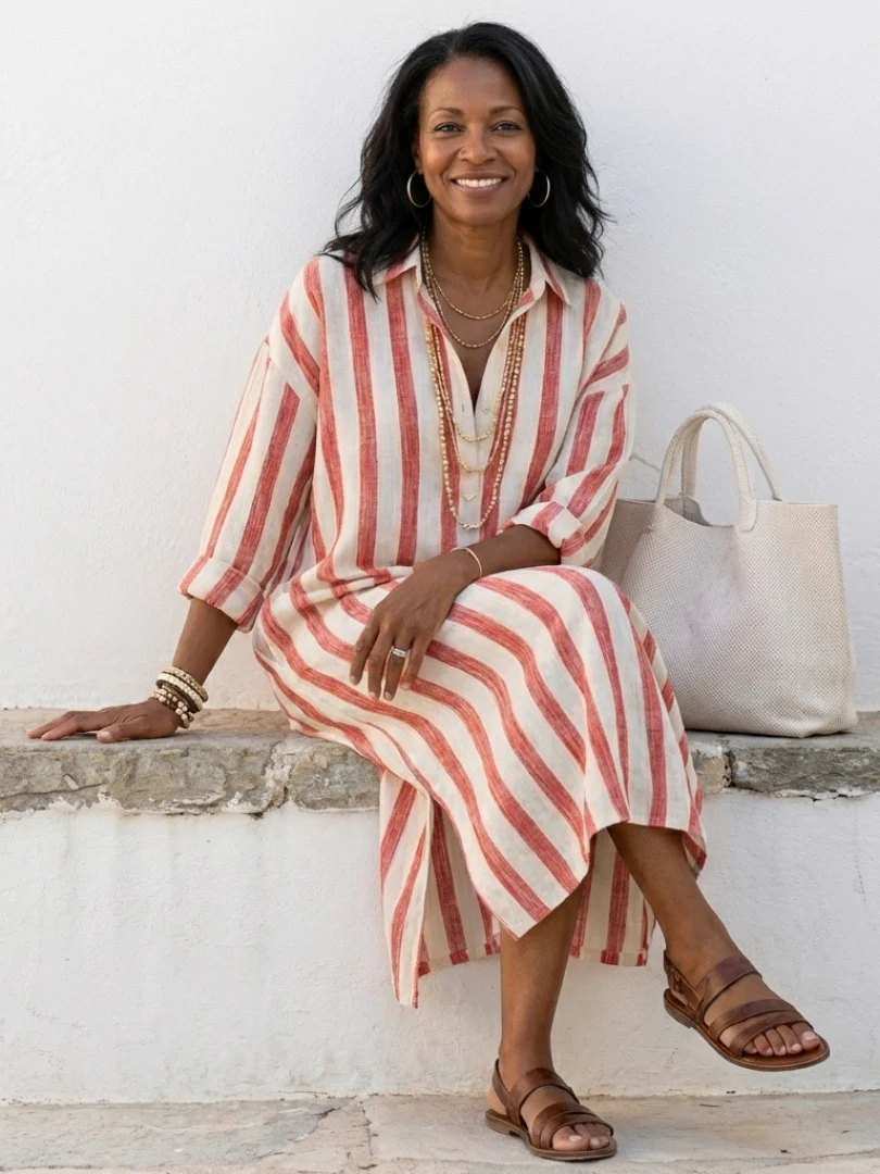 Naomi | Long Sleeve Striped Midi Shirt Dress - Image 6