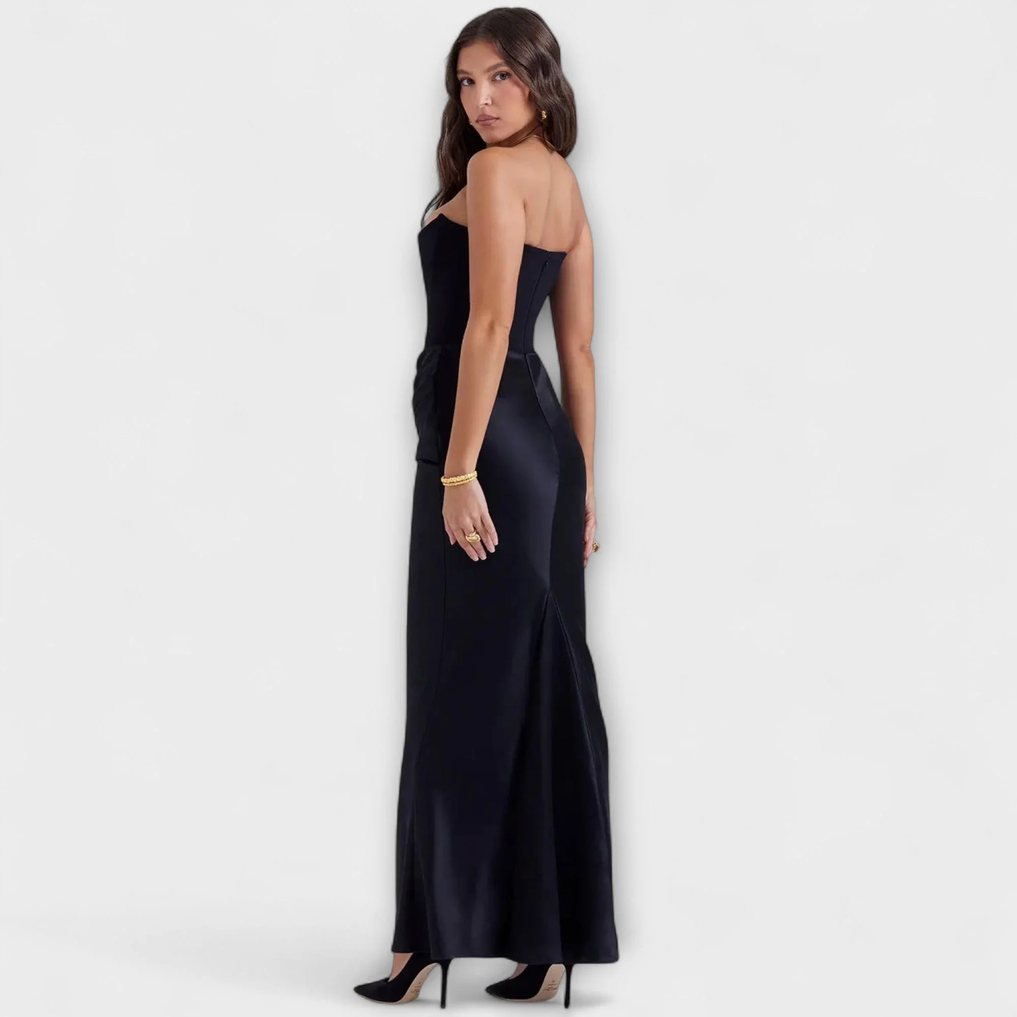 Off-the-Shoulder Satin Maxi Dress with Draping - Image 10