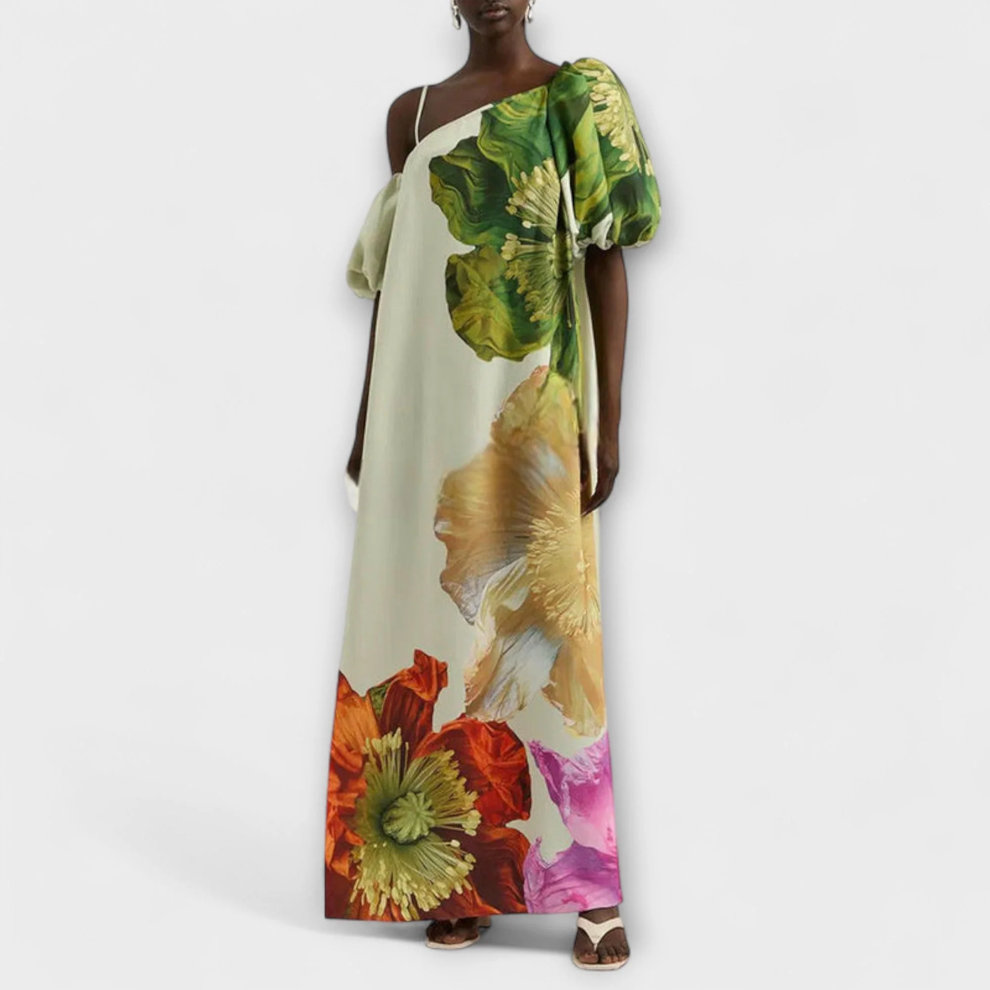 Skylar - Maxi Dress with Floral Print, Asymmetrical Neckline, and Puff Sleeves - Image 2