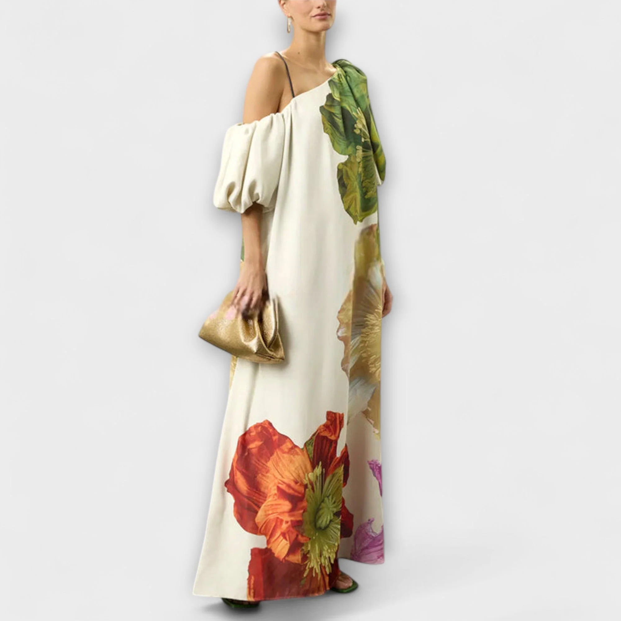 Skylar - Maxi Dress with Floral Print, Asymmetrical Neckline, and Puff Sleeves - Image 3