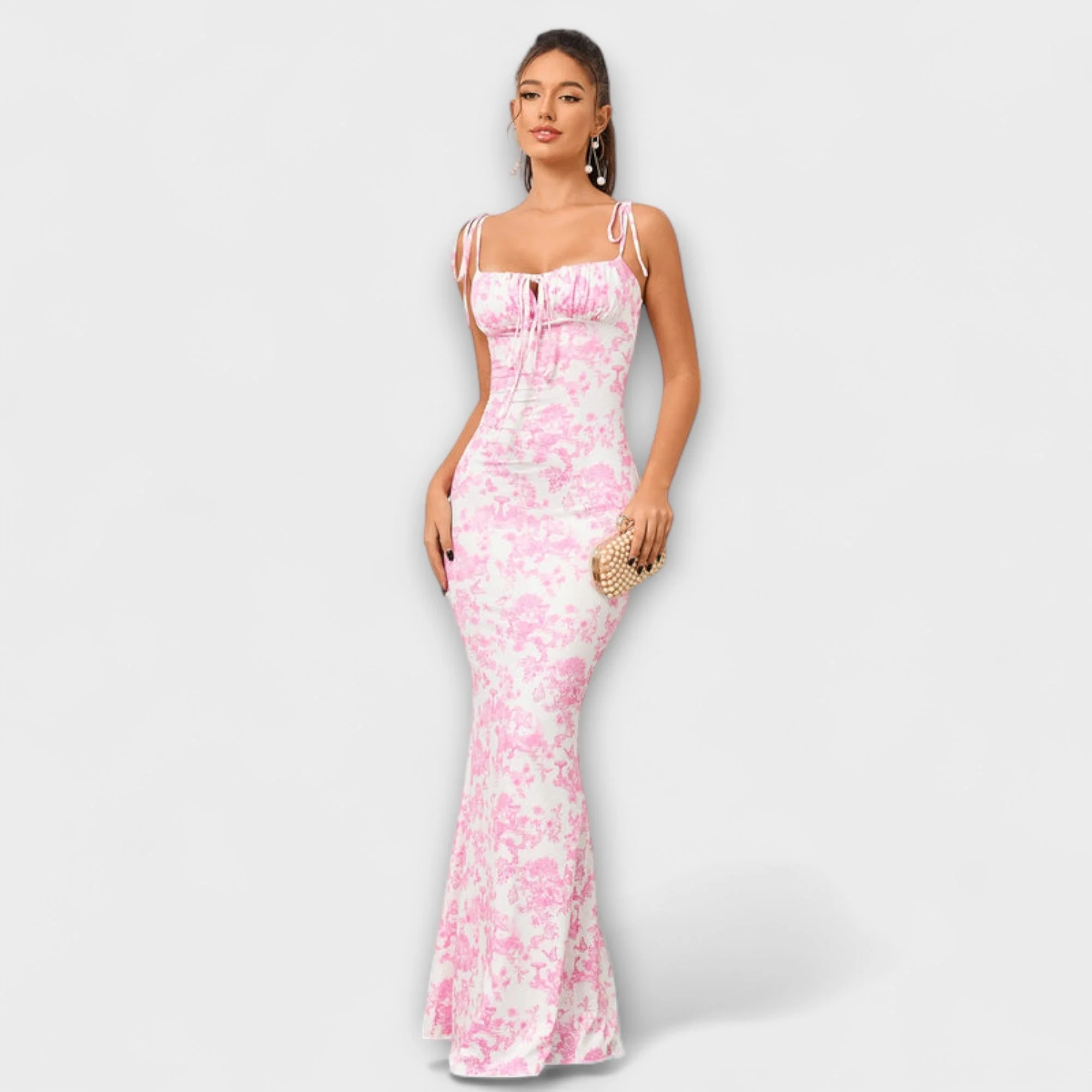 Thalia - Floral Print Prom Dress with Tied Shoulder Straps - Image 2