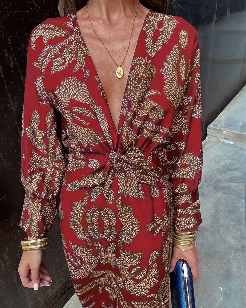 Vintage printed V-neck long-sleeve elegant dress - Image 11