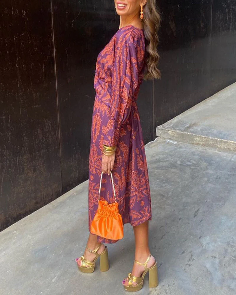 Vintage printed V-neck long-sleeve elegant dress - Image 28
