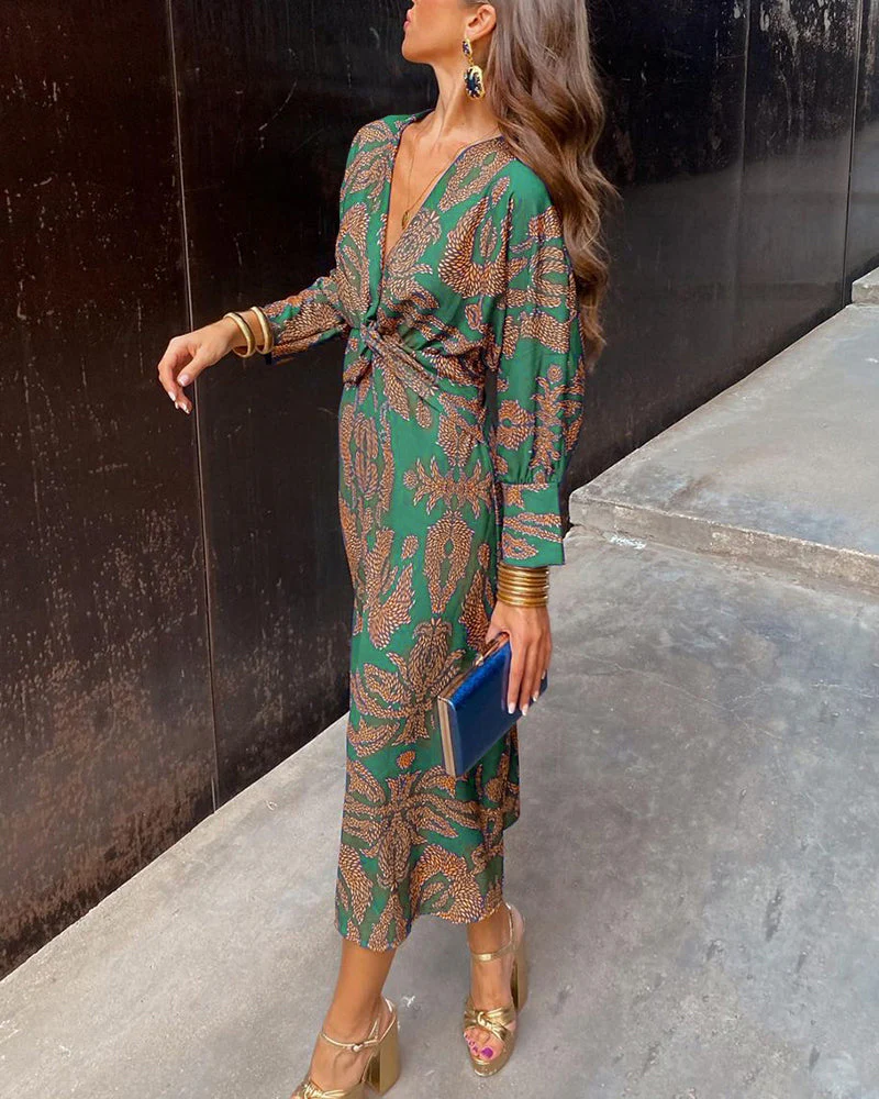 Vintage printed V-neck long-sleeve elegant dress - Image 35
