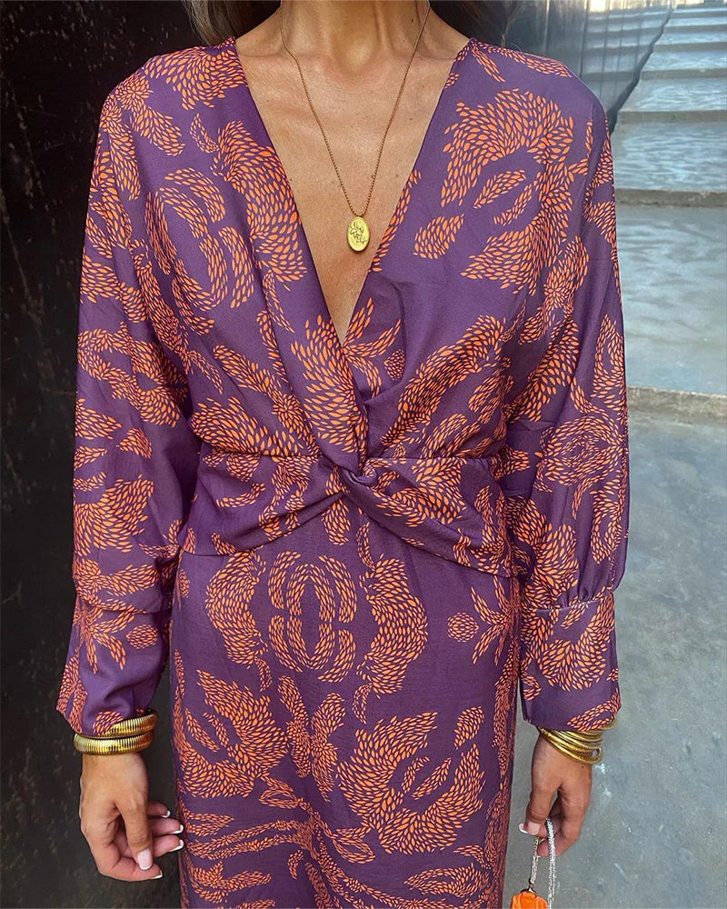 Vintage printed V-neck long-sleeve elegant dress - Image 40