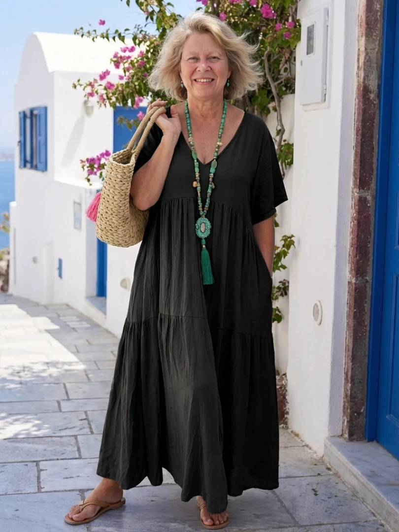 Zinnia | Short Sleeve Tiered Blue Maxi Dress - Image 4