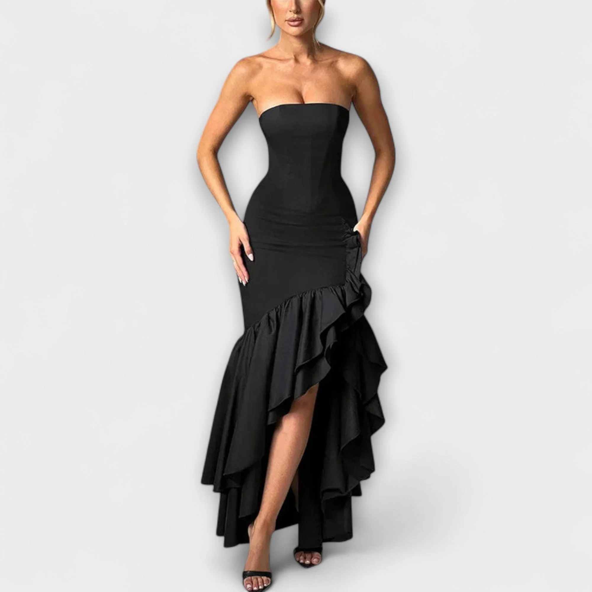Zuri - Off-Shoulder Slim Fit Maxi Dress with Asymmetrical Hem - Image 3